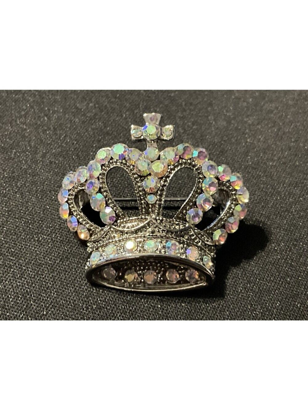 A/B Crystal Crown W/ Cross On Top Silver Tone Brooch